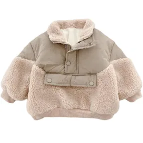 0-6Yrs Children Girls Laml Wool Stitching Coat Warm Fall Girls Plus Velvet Jackets Winter Kids Clothing Outfits