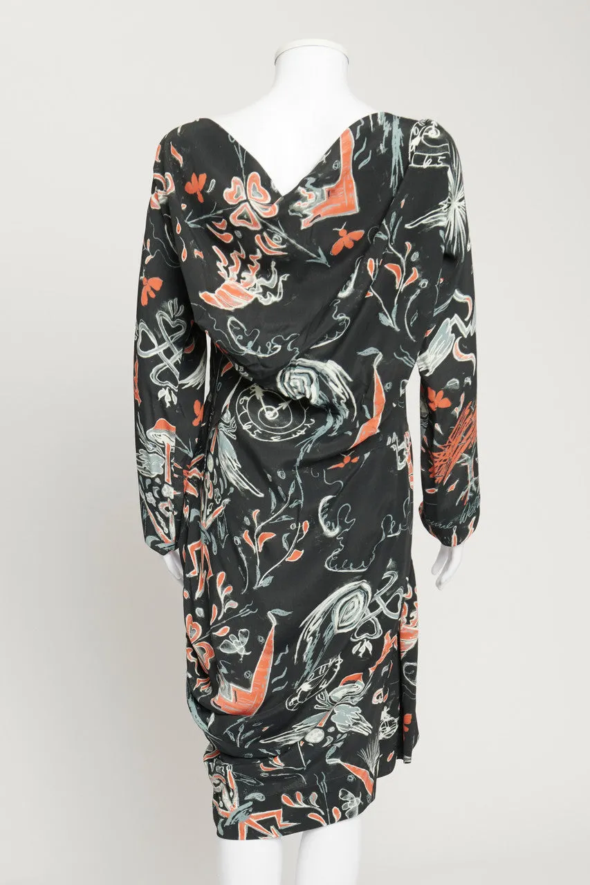 Abstract Print Crepe Asymmetric Drape Dress