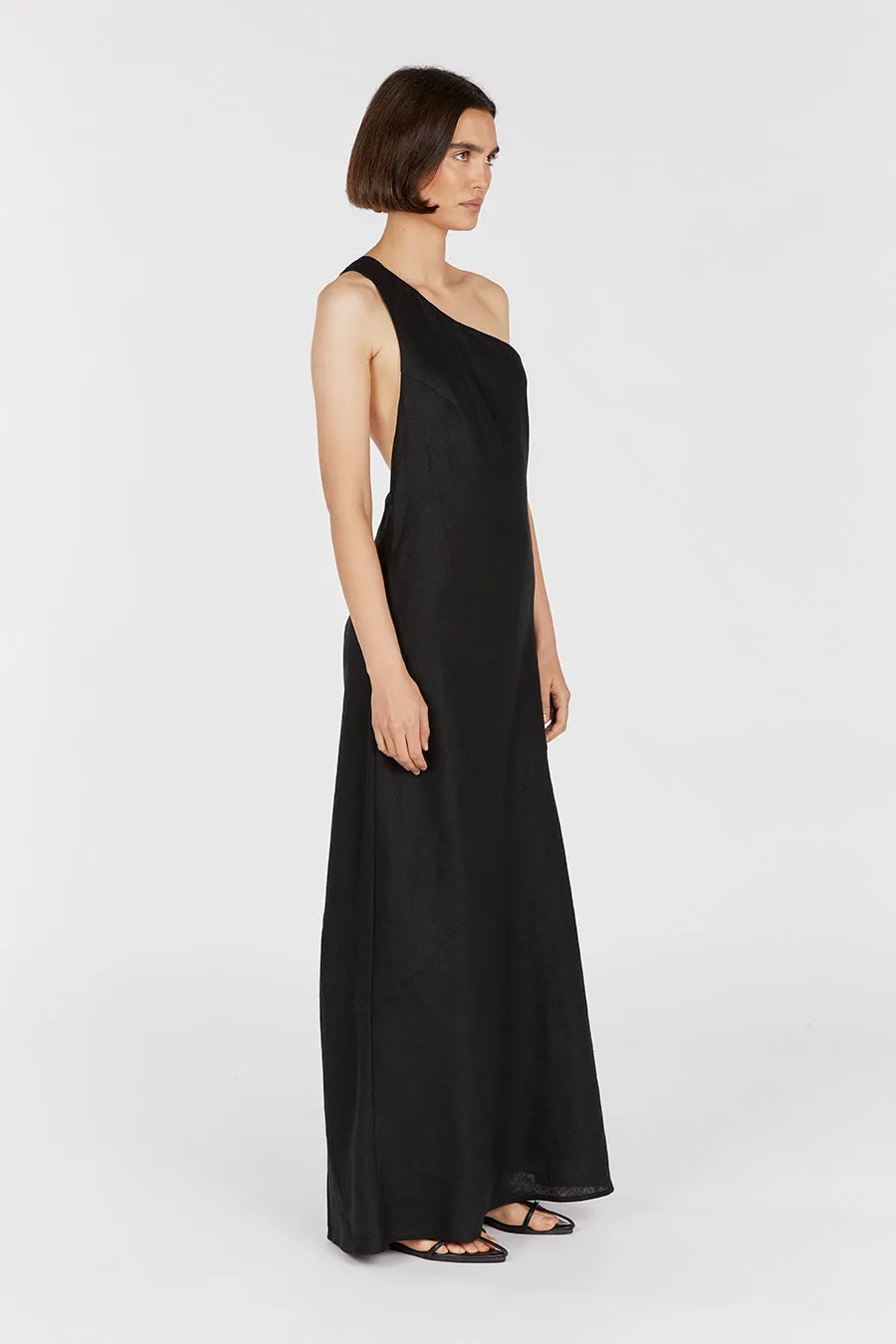 ADDISON BLACK LINEN ASYMMETRIC MAXI DRESS