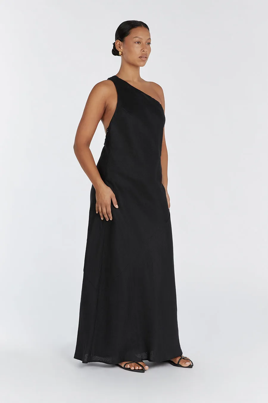 ADDISON BLACK LINEN ASYMMETRIC MAXI DRESS