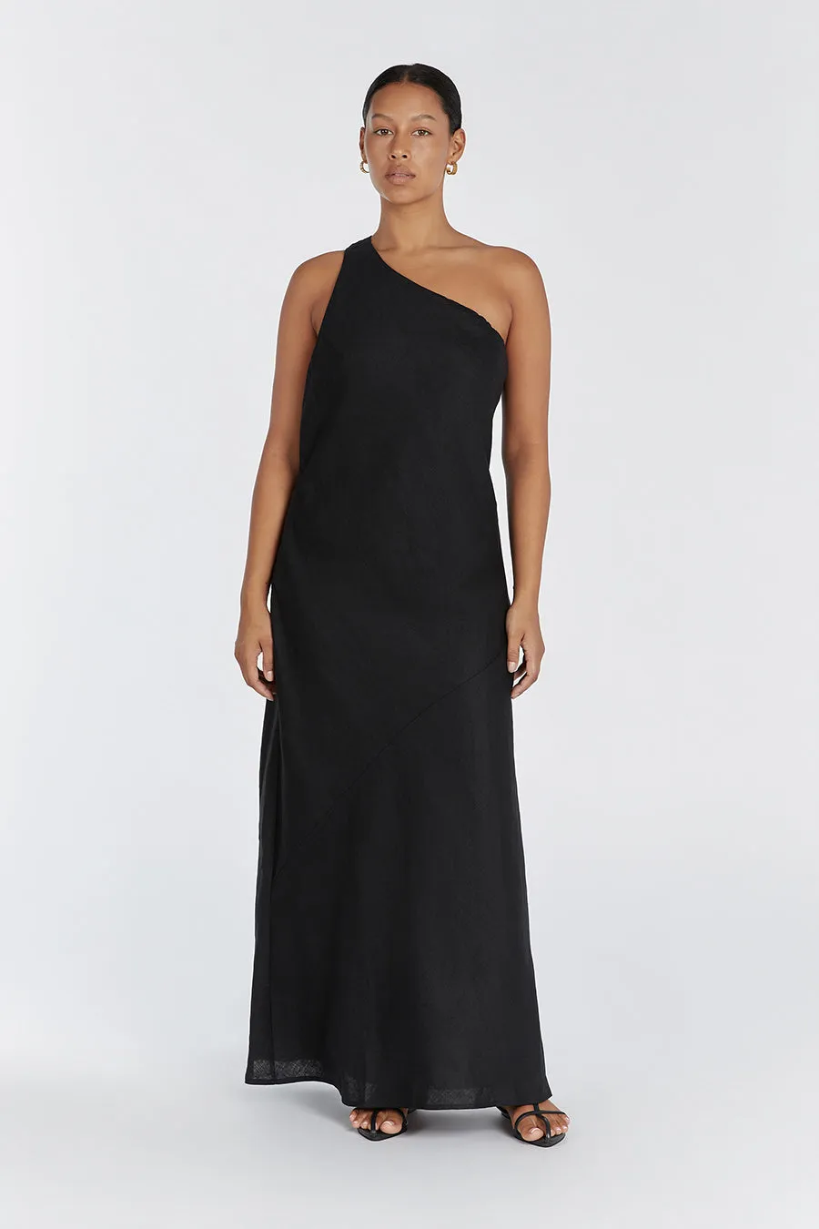 ADDISON BLACK LINEN ASYMMETRIC MAXI DRESS