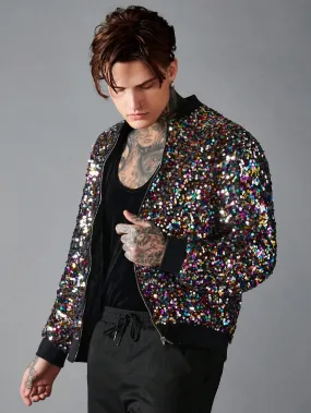 Baseball Collar Zip Up Sequin Bomber Jacket