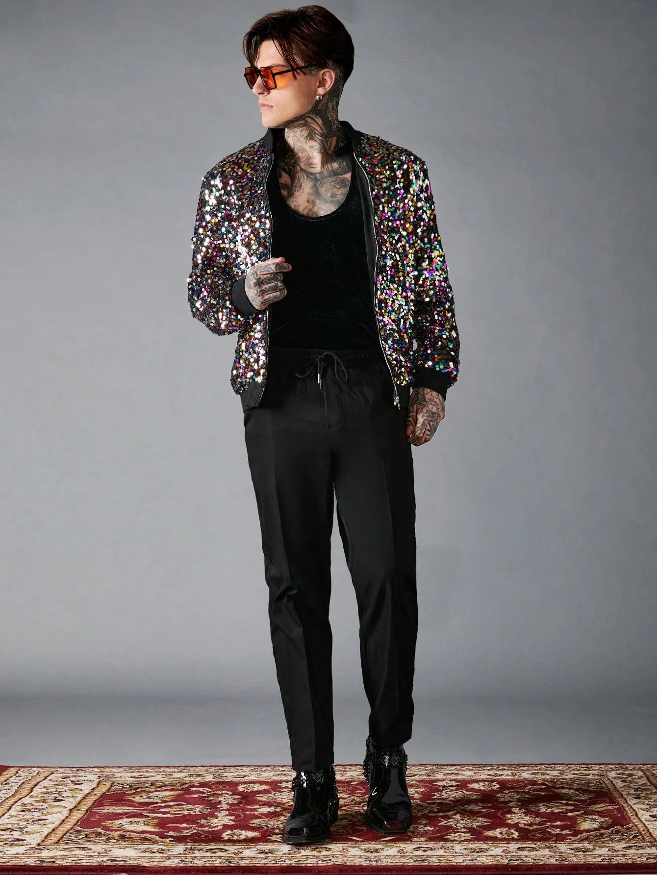 Baseball Collar Zip Up Sequin Bomber Jacket