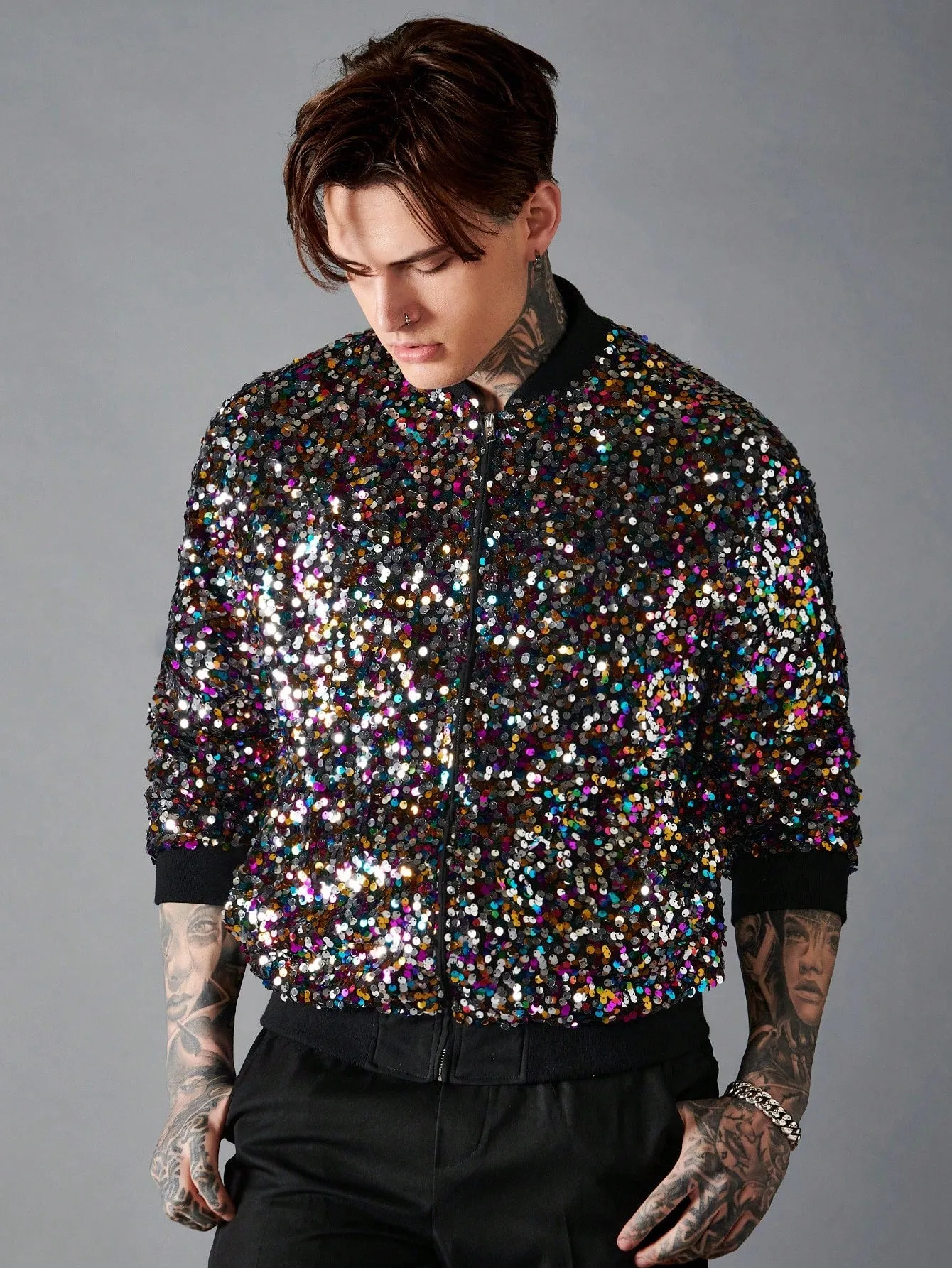 Baseball Collar Zip Up Sequin Bomber Jacket