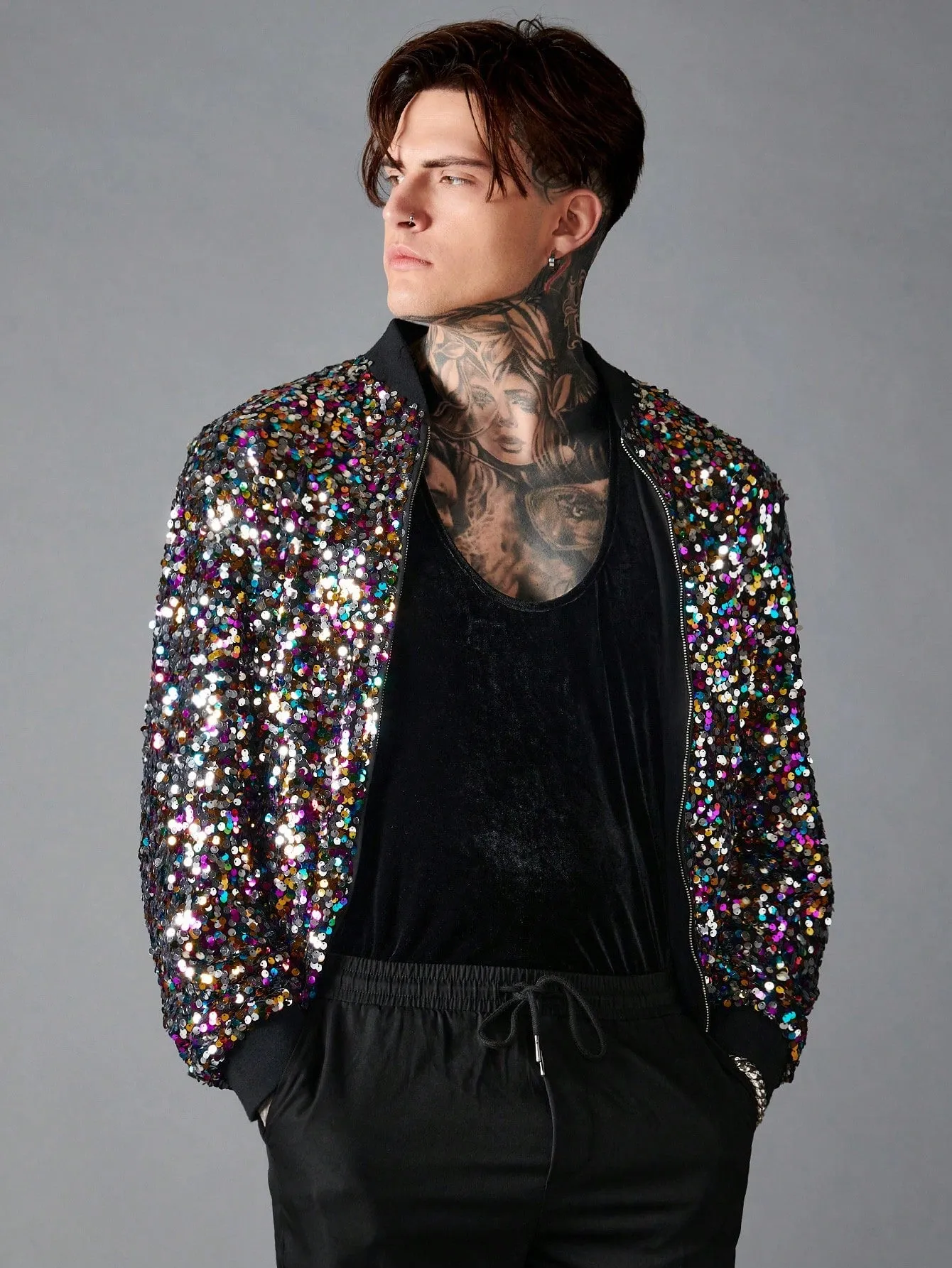 Baseball Collar Zip Up Sequin Bomber Jacket