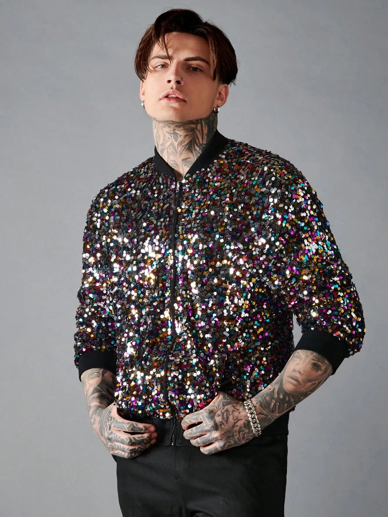 Baseball Collar Zip Up Sequin Bomber Jacket