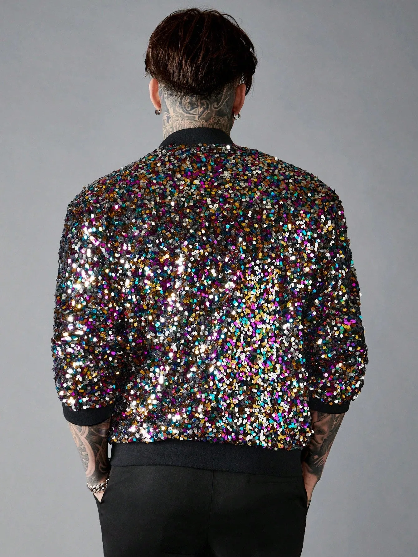 Baseball Collar Zip Up Sequin Bomber Jacket