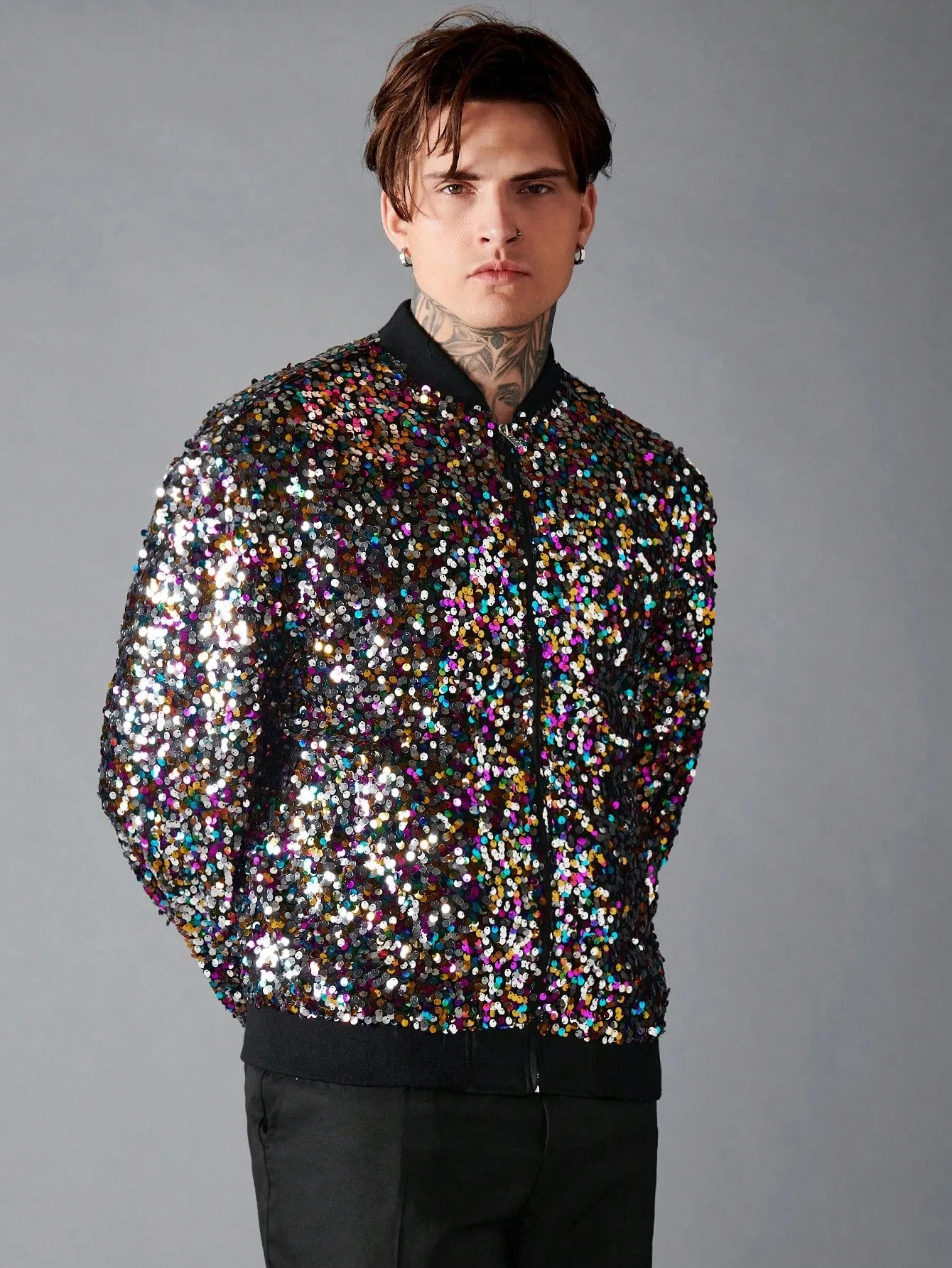 Baseball Collar Zip Up Sequin Bomber Jacket