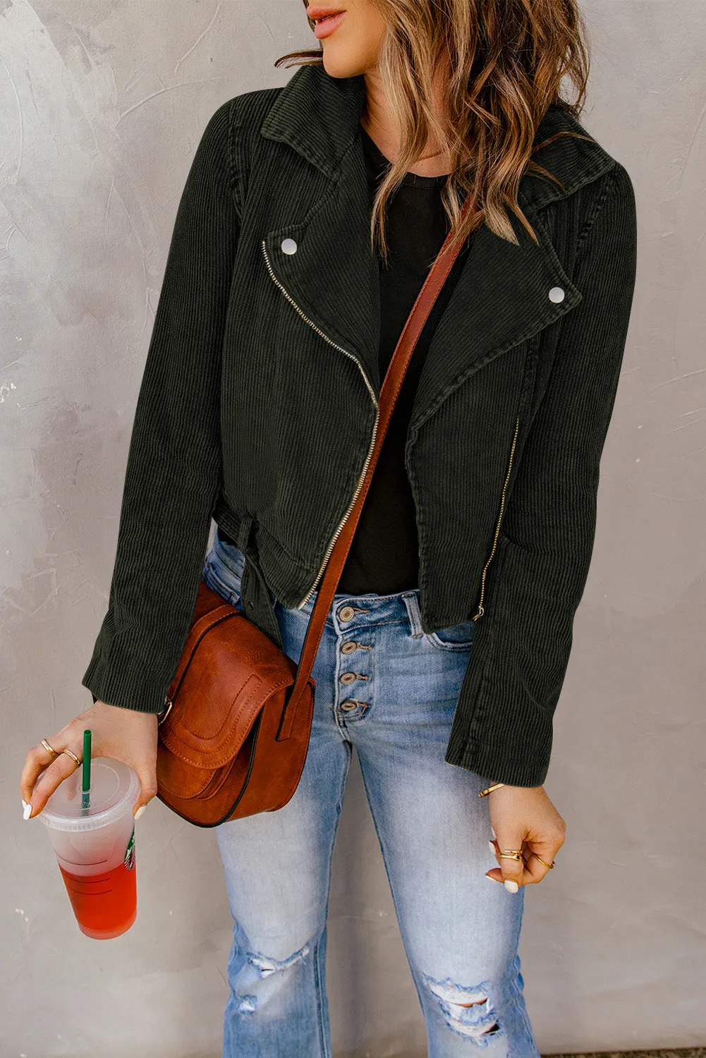 Belted Zip Up Corduroy Jacket