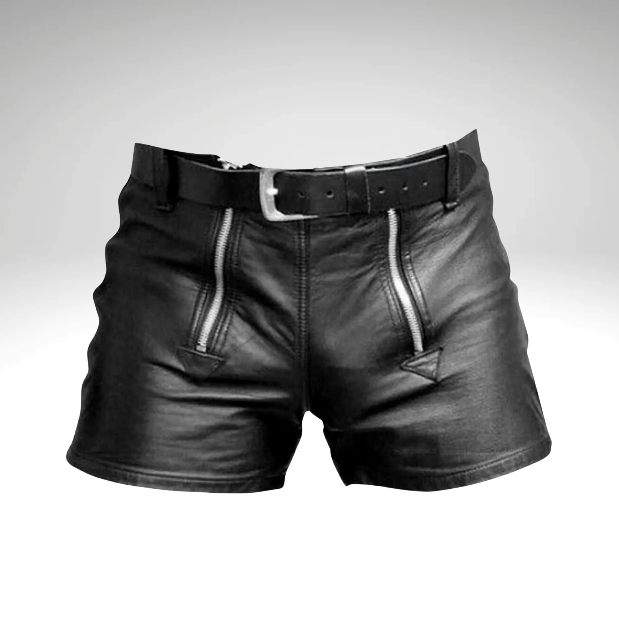 Black Mens Leather Shorts with Double Zipper