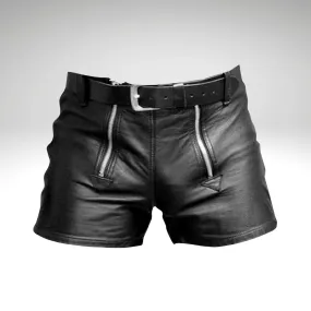 Black Mens Leather Shorts with Double Zipper