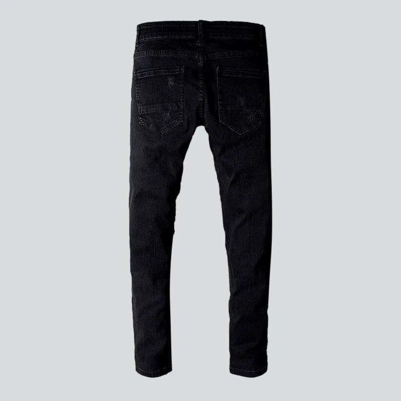 Black patch stretch biker jeans