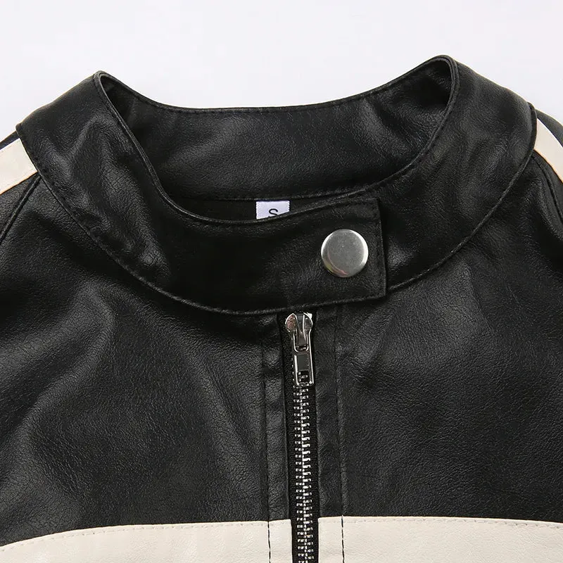 Black Zip-Up PU Leather Jacket Top