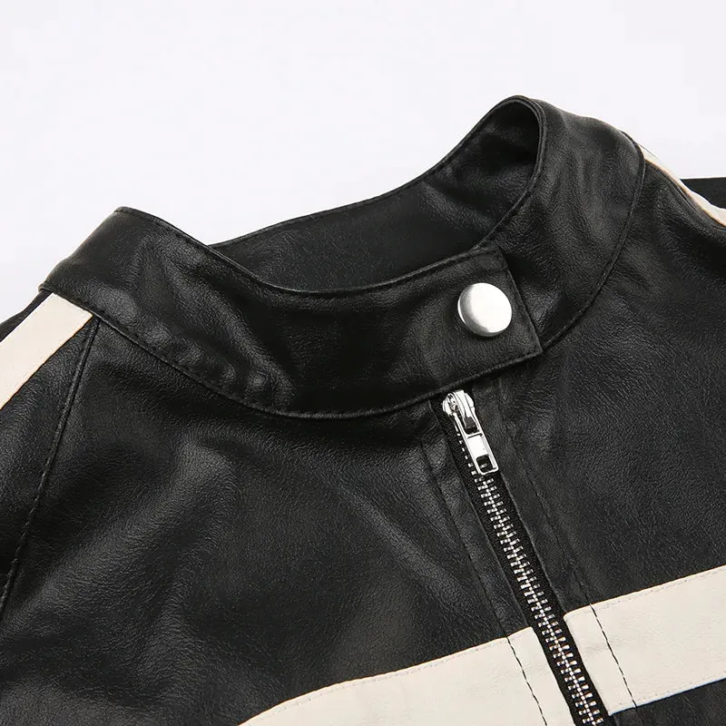 Black Zip-Up PU Leather Jacket Top