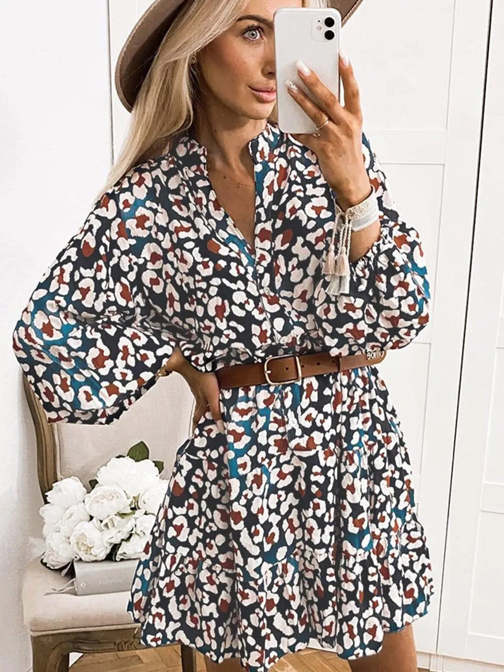 Blue Leopard Print Ruffled Shirt Dress with Bubble Sleeves