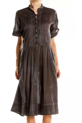 Brown Cotton Pleated Shirt Dress