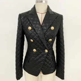 Charlotte Faux Leather Fitted Blazer with Gold Buttons