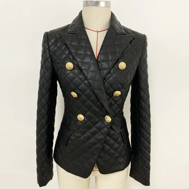 Charlotte Faux Leather Fitted Blazer with Gold Buttons