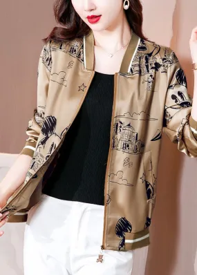 Diy Coffee Zip Up Pockets Print Silk Jackets Spring LY0077