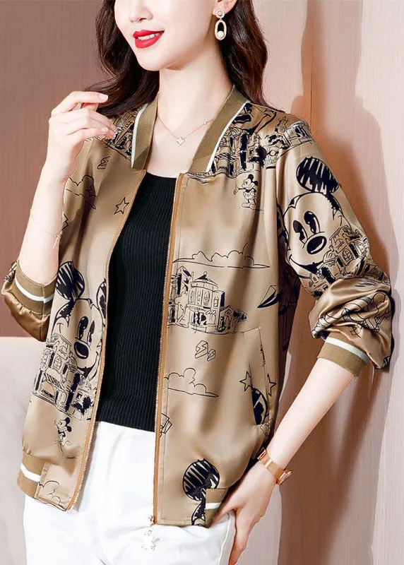 Diy Coffee Zip Up Pockets Print Silk Jackets Spring LY0077