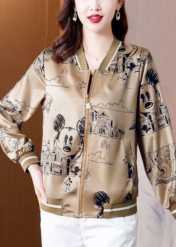 Diy Coffee Zip Up Pockets Print Silk Jackets Spring LY0077