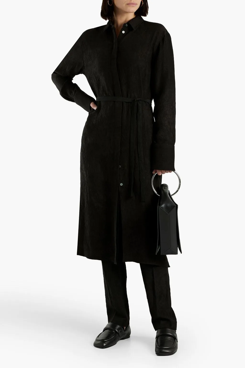 Dold crinkle satin midi shirt dress with belt JOSEPH, black