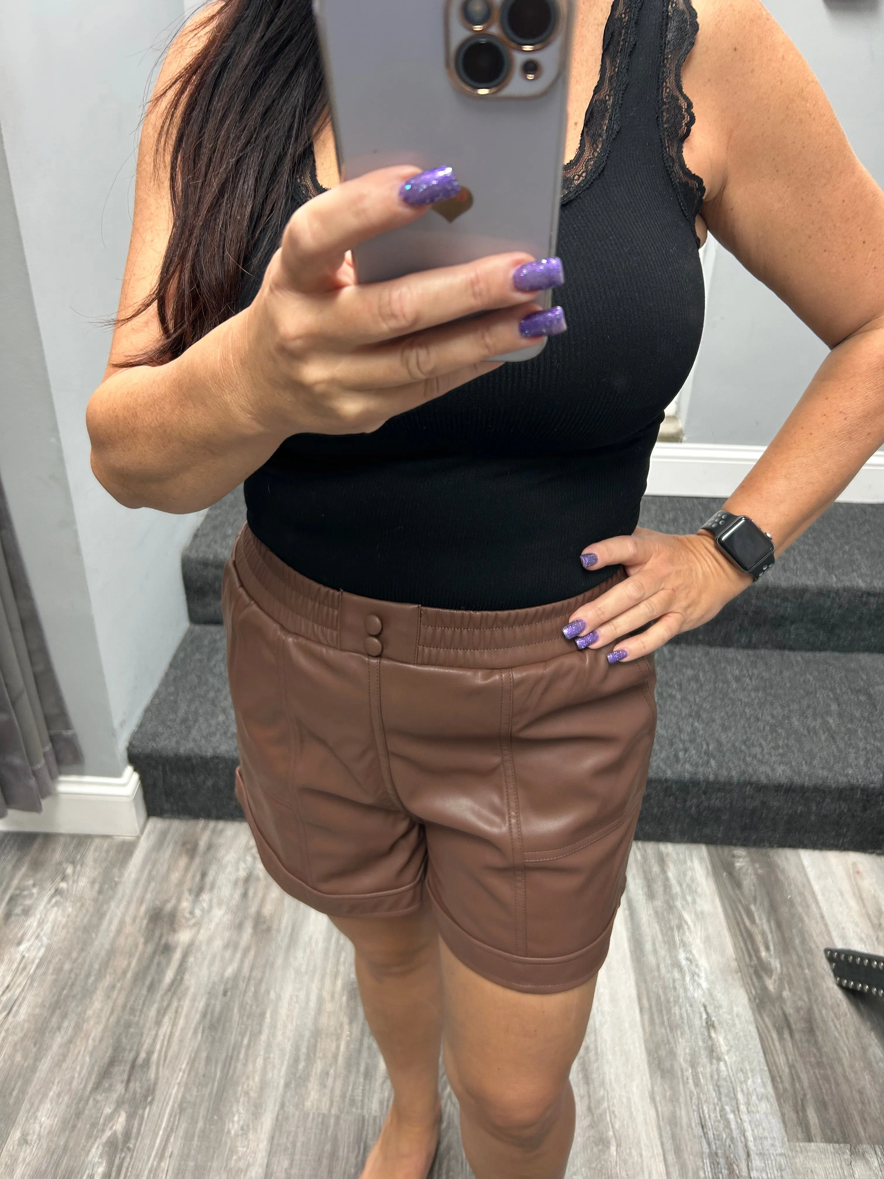 Faux Leather Casual Shorts - Black or Chocolate