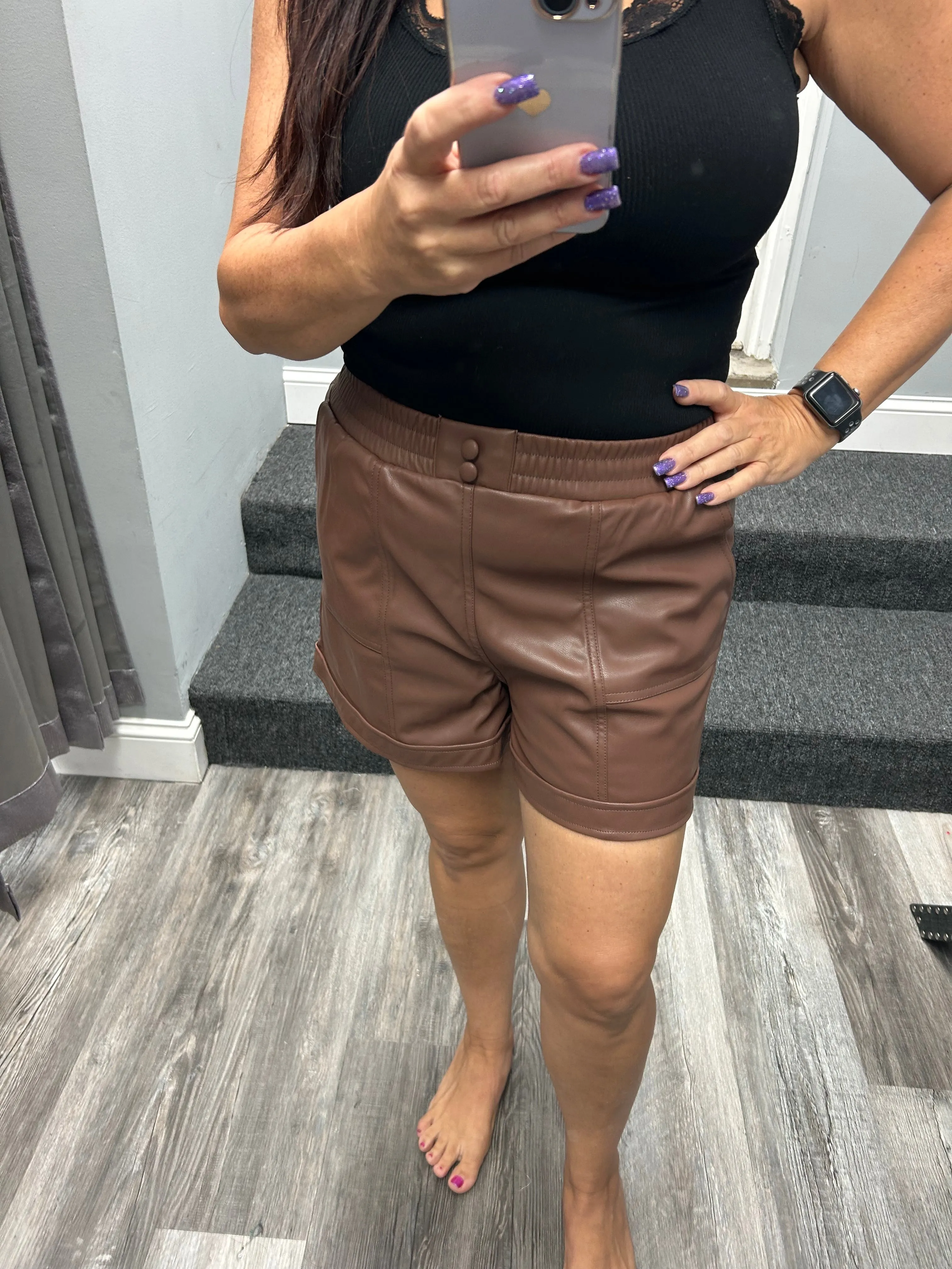 Faux Leather Casual Shorts - Black or Chocolate