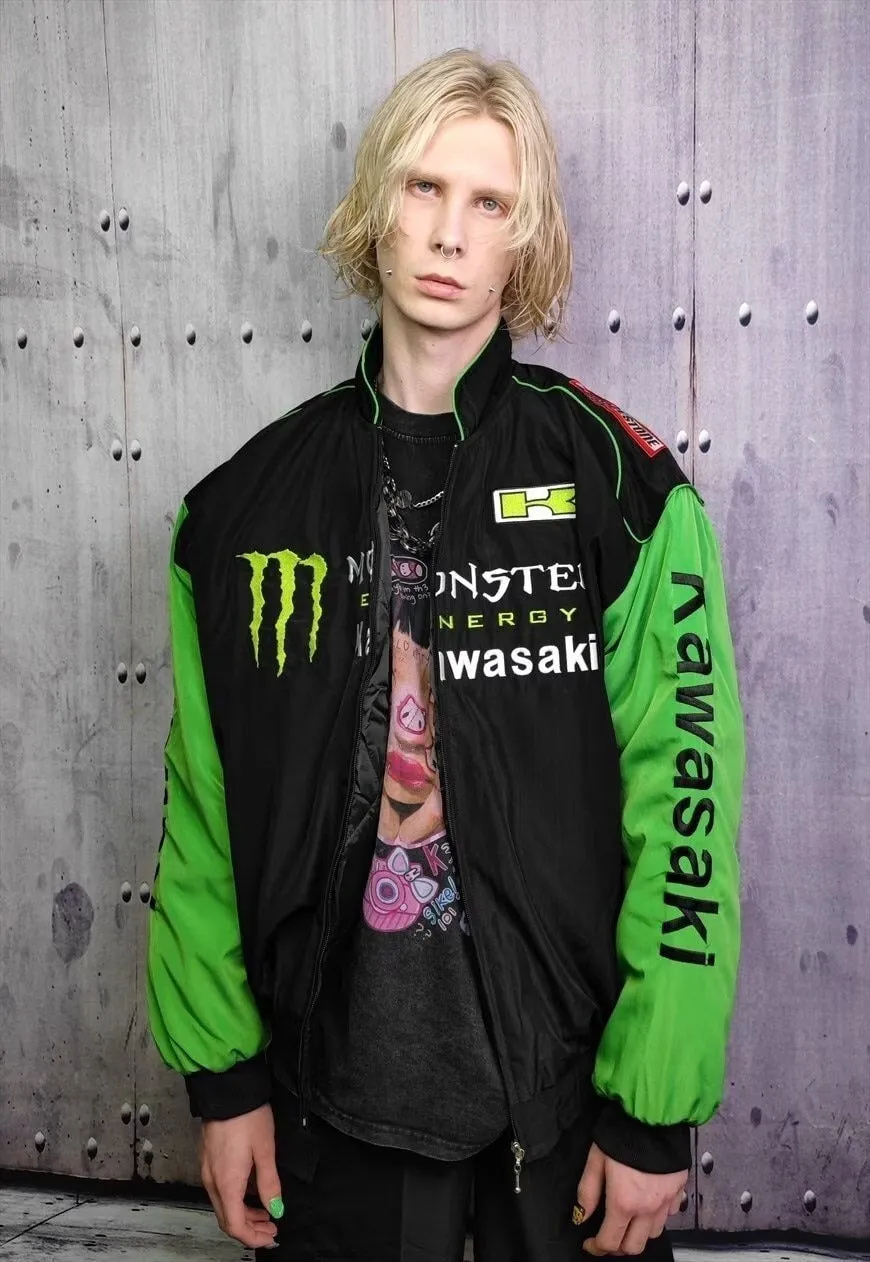 Green racing jacket patchwork Kawasaki motorsport varsity