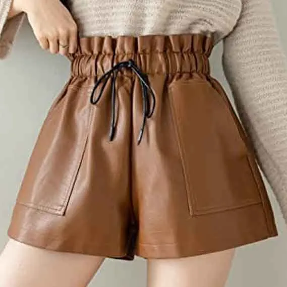 High Waisted Wide Leg Dark Brown Leather Shorts for Women