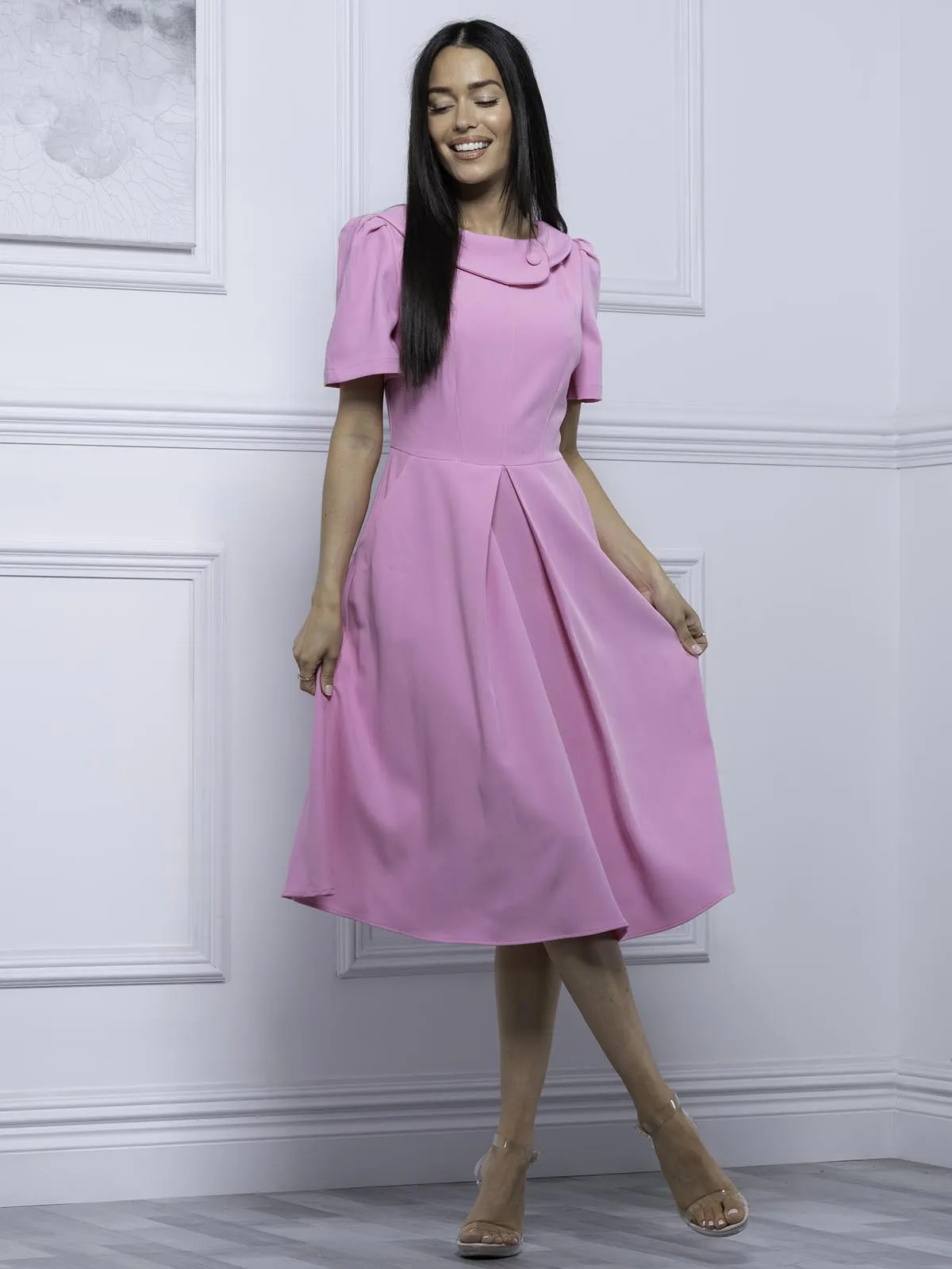 Jolie Moi Debora Button Neck Dress, Pink