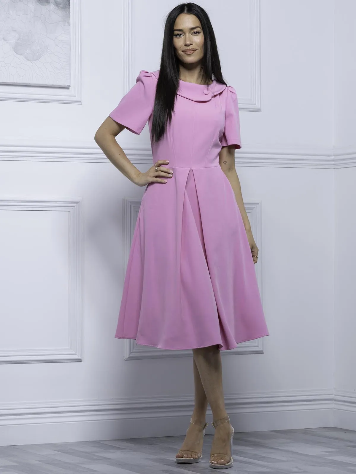 Jolie Moi Debora Button Neck Dress, Pink