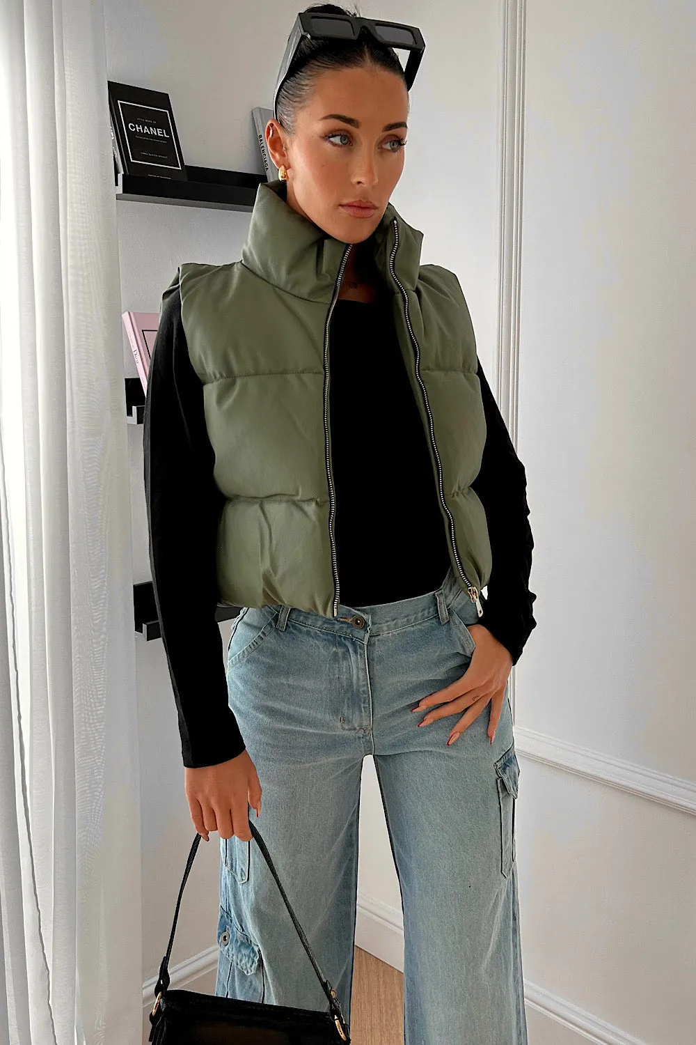 Lou Khaki Faux leather Cropped Gilet