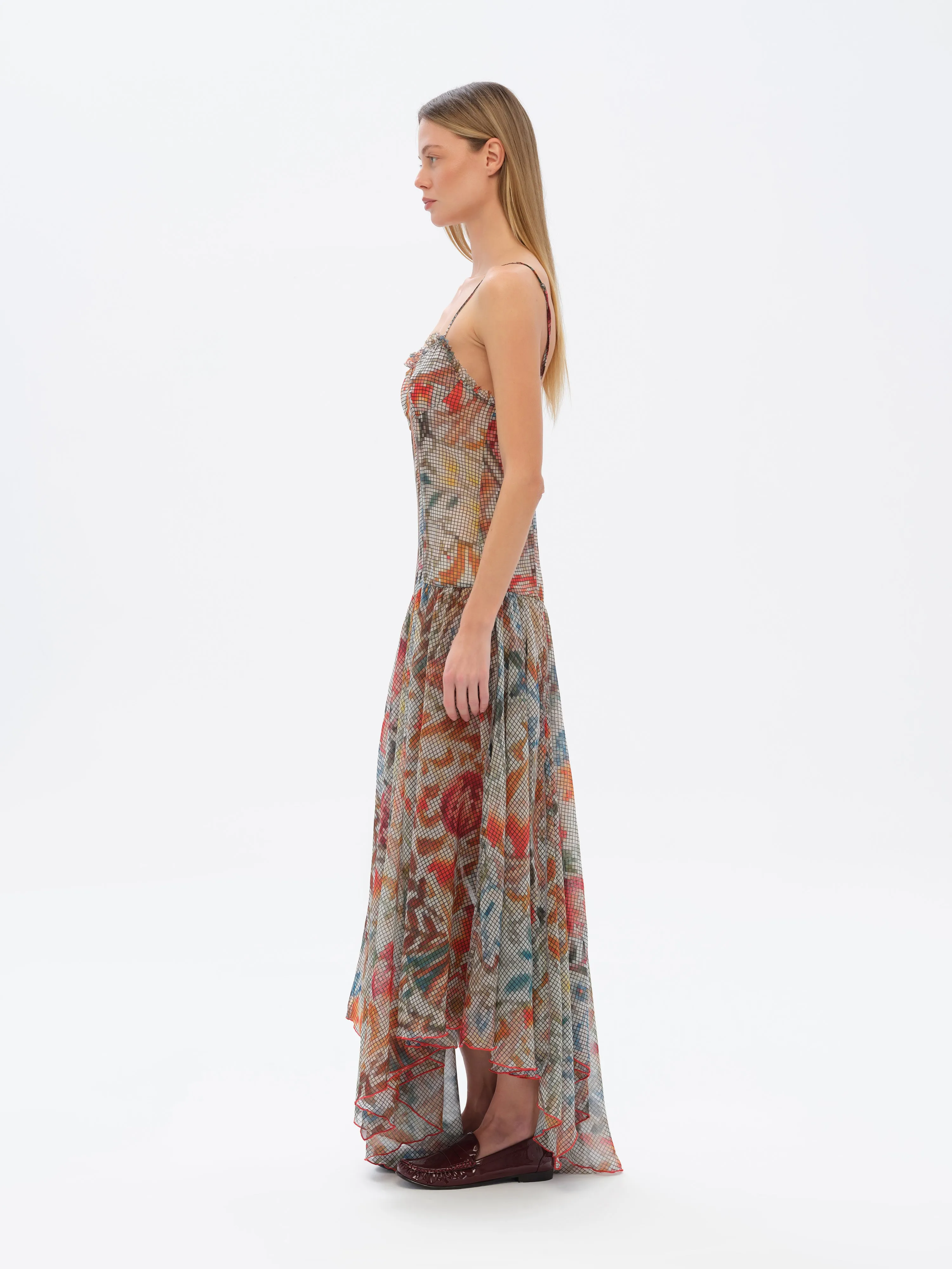 LUCIEN - Floral-print ruffle detailed midi dress with asymmetric hemline