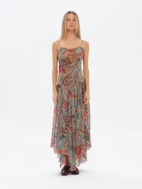 LUCIEN - Floral-print ruffle detailed midi dress with asymmetric hemline