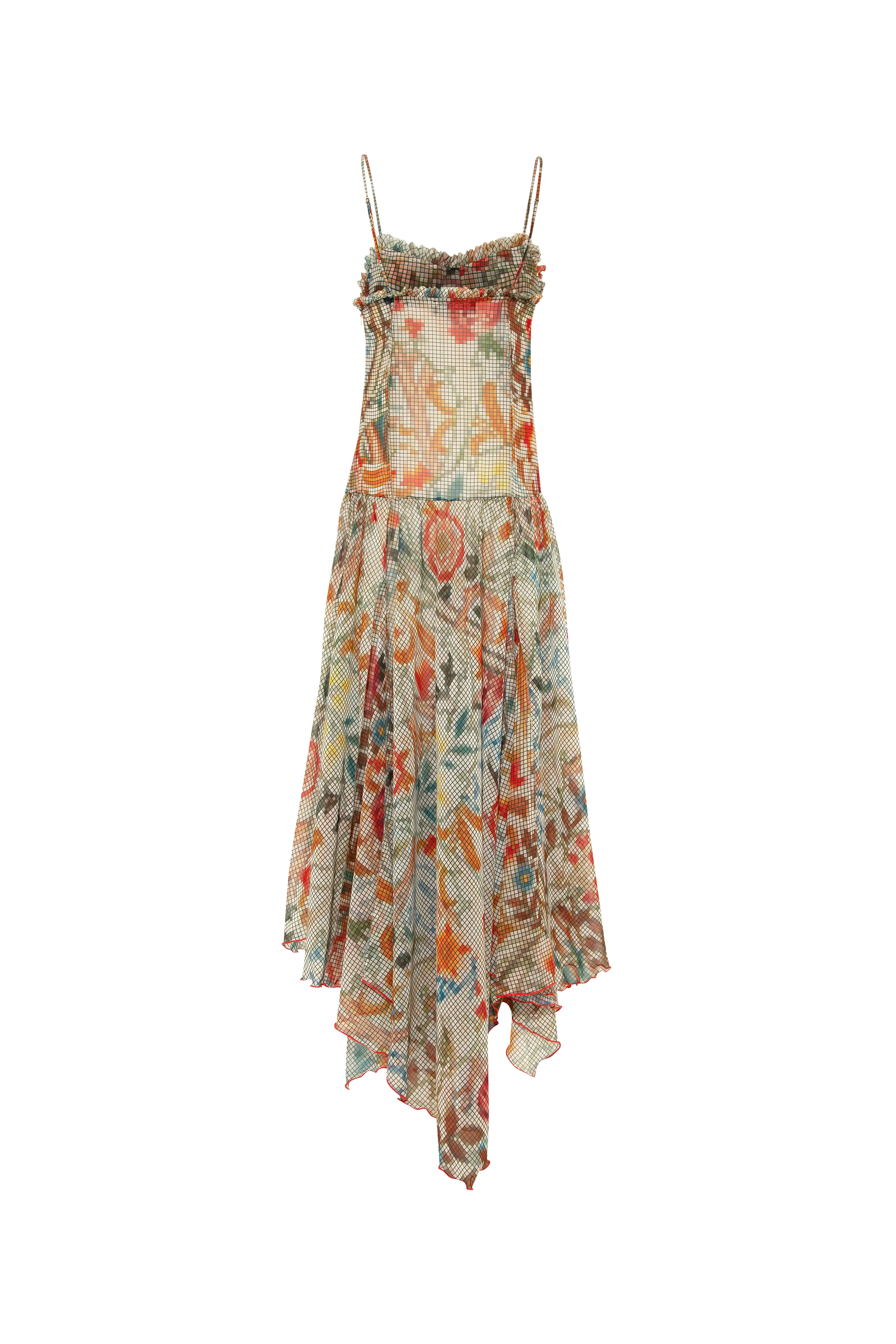 LUCIEN - Floral-print ruffle detailed midi dress with asymmetric hemline