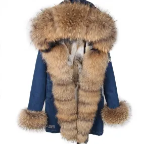 Maomaokong Real Raccoon Fur Coat Fox Collar Denim Coats Winter Jackets Women Parkas Hooded Real Rabbit Fur Liner Women's Jacket