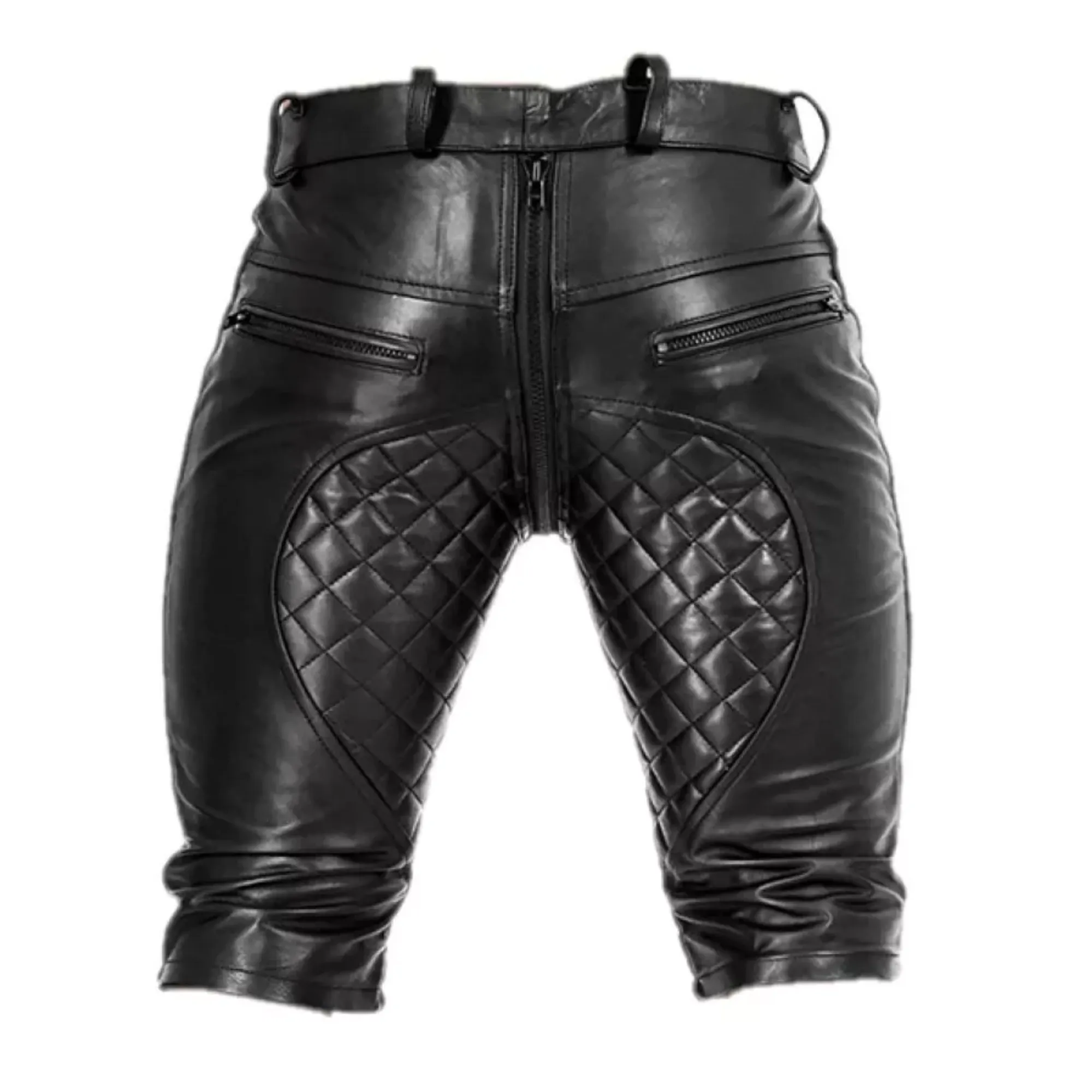 Mens Black Leather Shorts Quilted Design