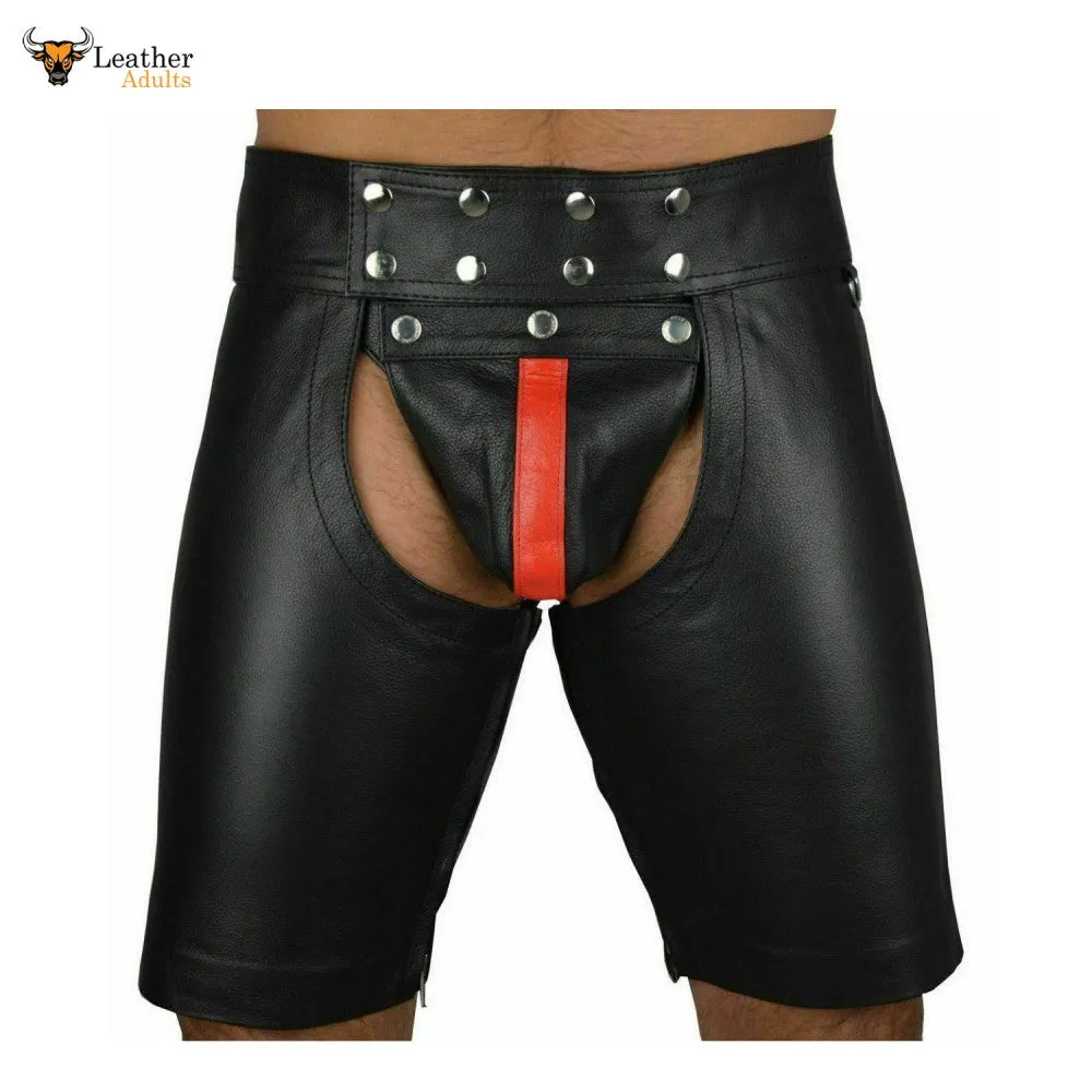 Men's Black Real Cowhide Leather Chaps Shorts Leather Chaps Shorts with Red Stripe