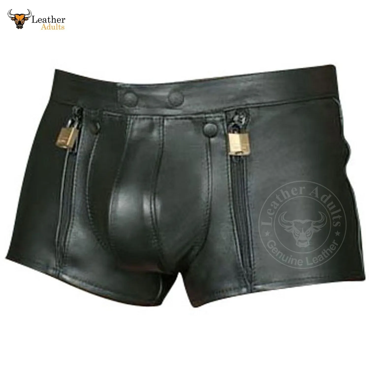 Mens Black Real Cowhide Leather Chastity Shorts Double Zips Shorts