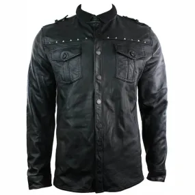 Men's Tailored Fit Vintage Leather Shirt Retro Stud Style Jacket Black Casual