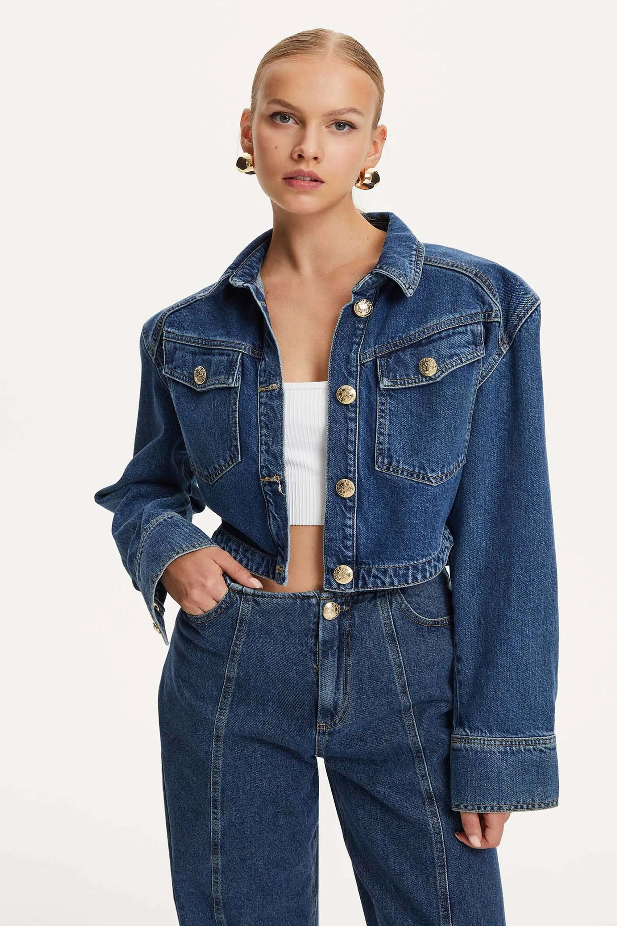 Military Buttoned Crop Denim Jacket (Final Sale)