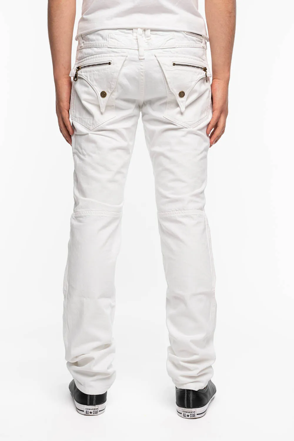 MINI FLAP MENS BIKER JEANS IN WHITE