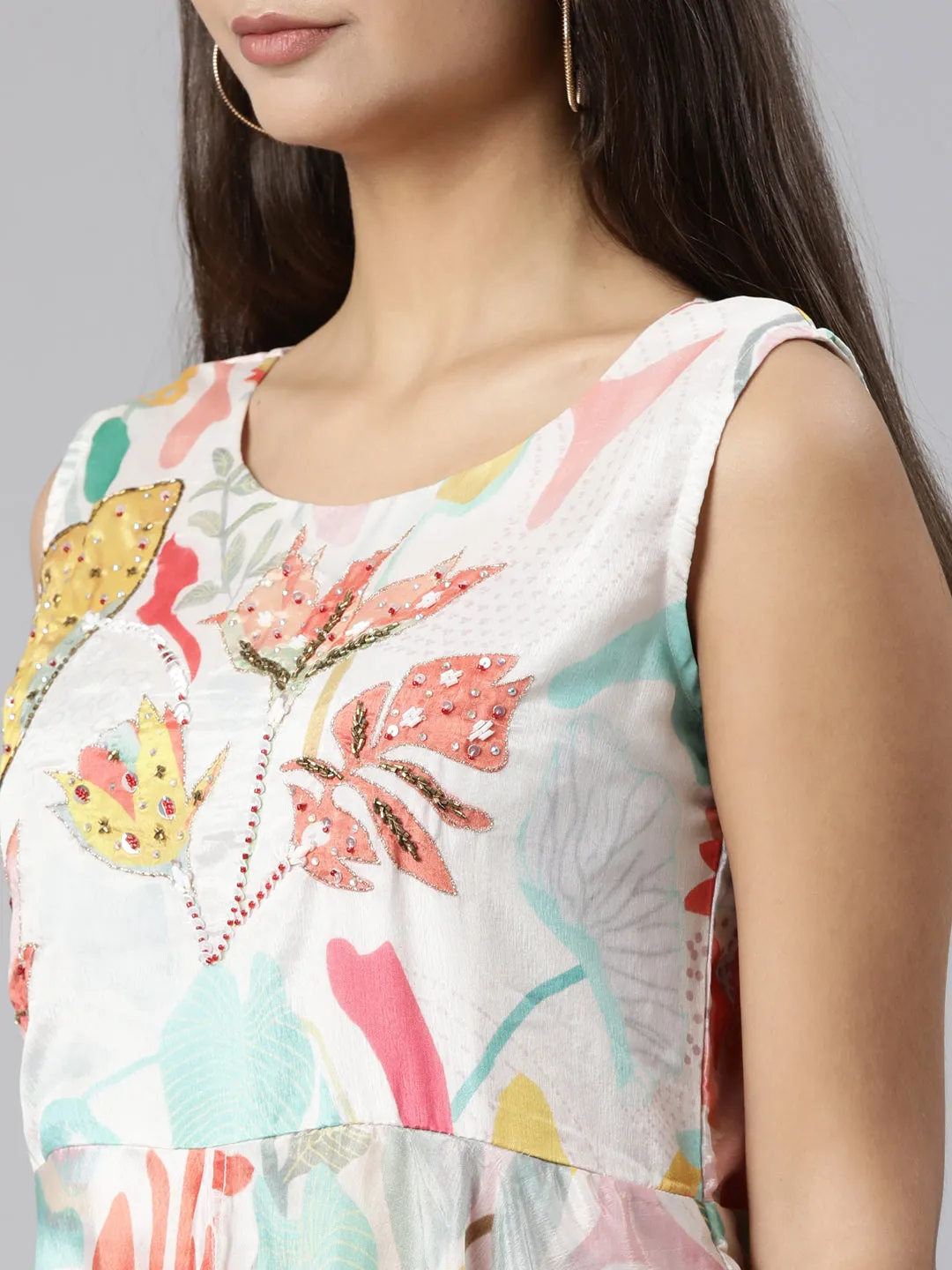 Neeru's Cream Asymmetric Casual Floral Dresses