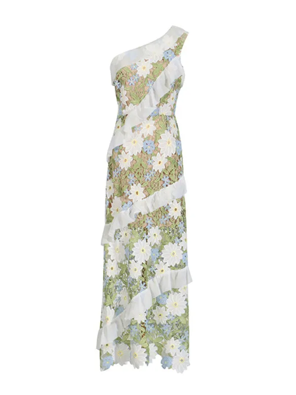 One-Shoulder Floral Embroidered Maxi Dress for Garden Parties