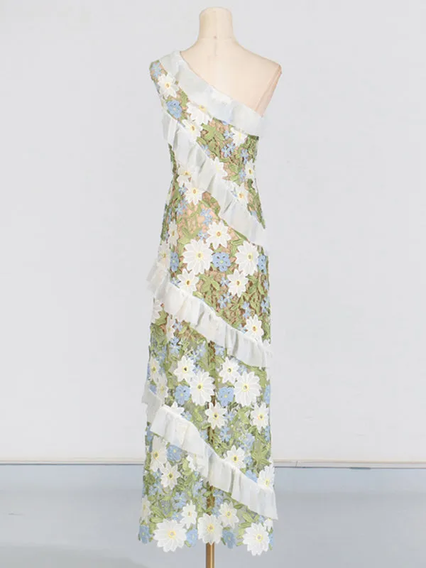 One-Shoulder Floral Embroidered Maxi Dress for Garden Parties