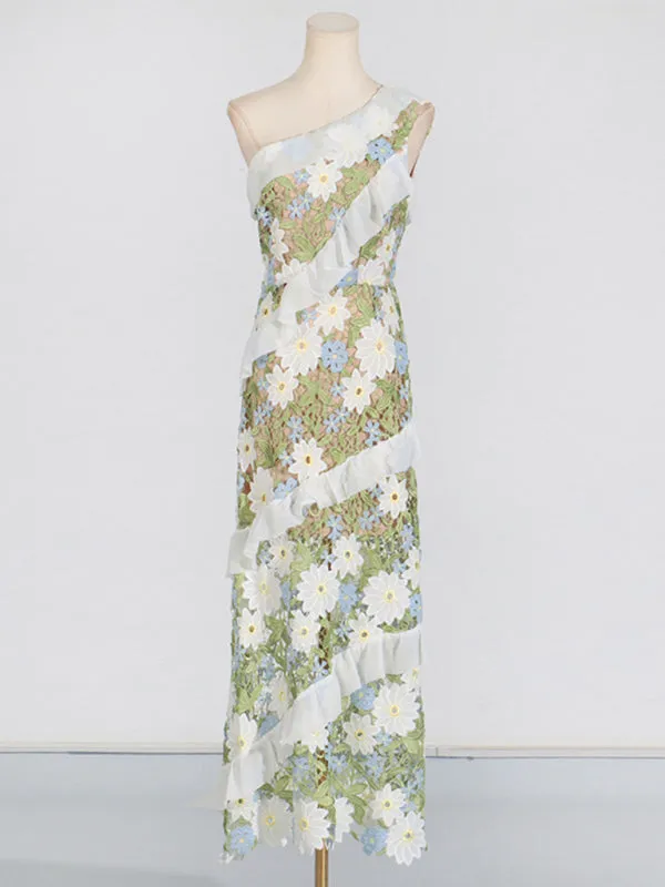 One-Shoulder Floral Embroidered Maxi Dress for Garden Parties