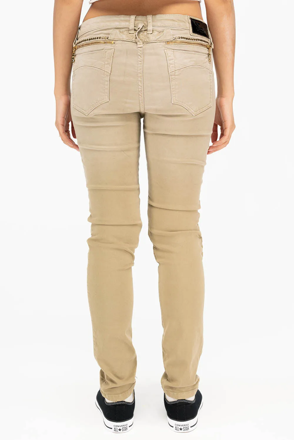 ROBIN'S WOMENS SKINNY UTILITARIAN JEANS IN SULFUR SAND WASH WITH STUDS