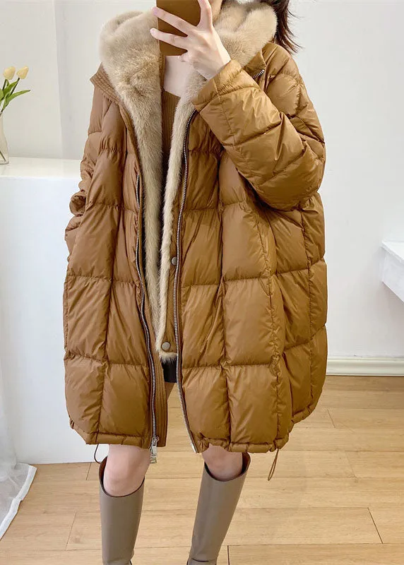 Simple Yellow Hooded Mink Hair Patchwork Duck Down Winter down coat