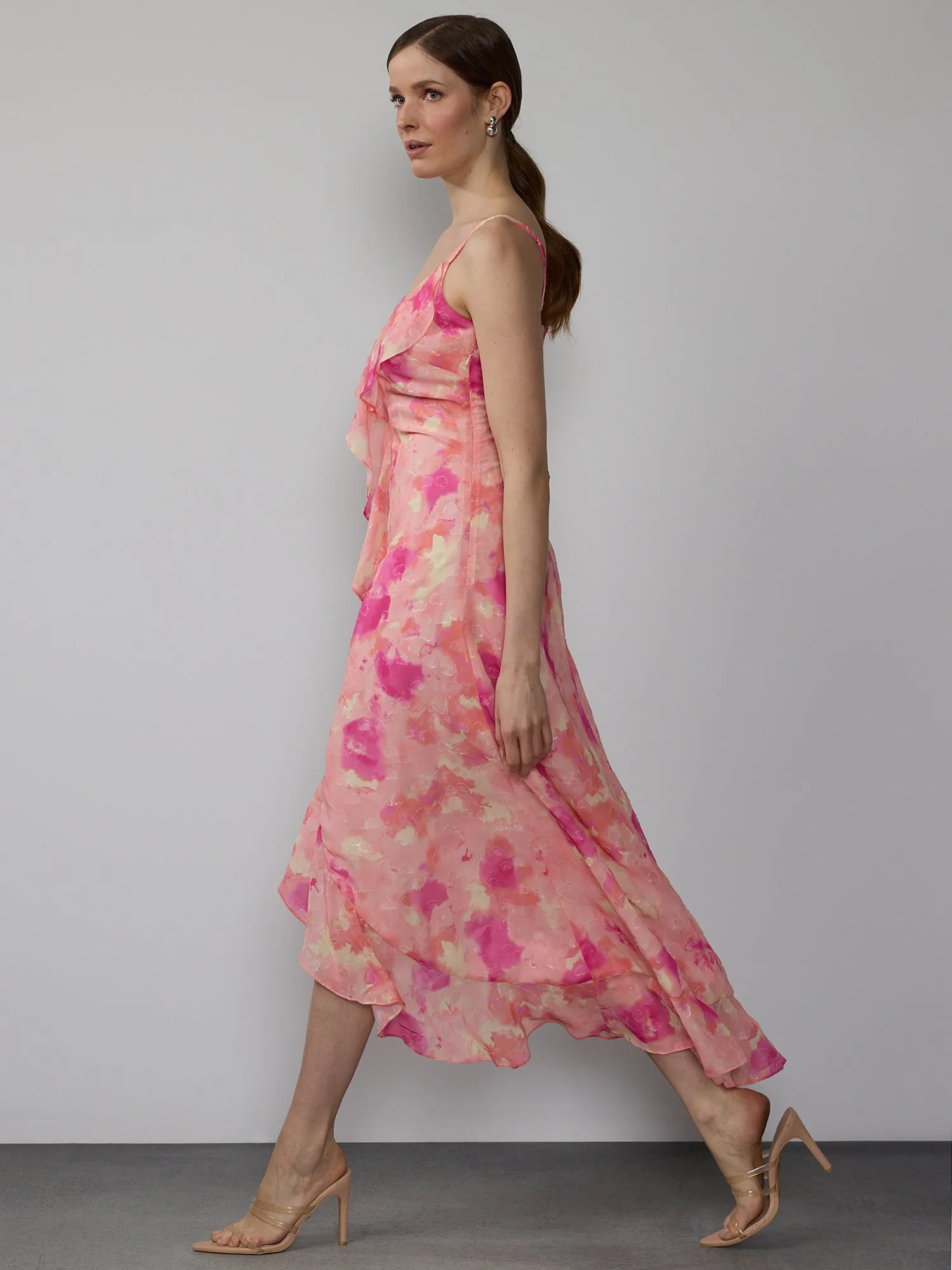 Sleeveless Metallic Ruffle Floral Maxi Dress